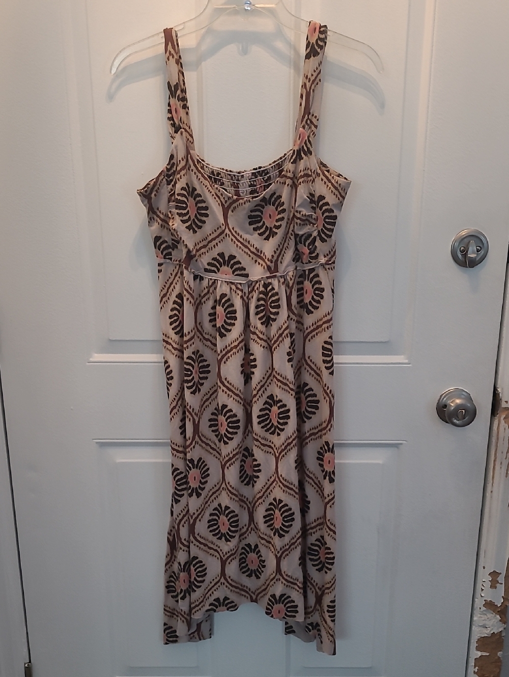 Sleeveless Beige and Brown Printed Maxi Dress with Pink Accents
